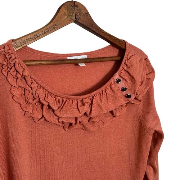 New York & Company Ruffle Neck Button Detail Long Sleeve Sweater Rust Size XL - Picture 5 of 10